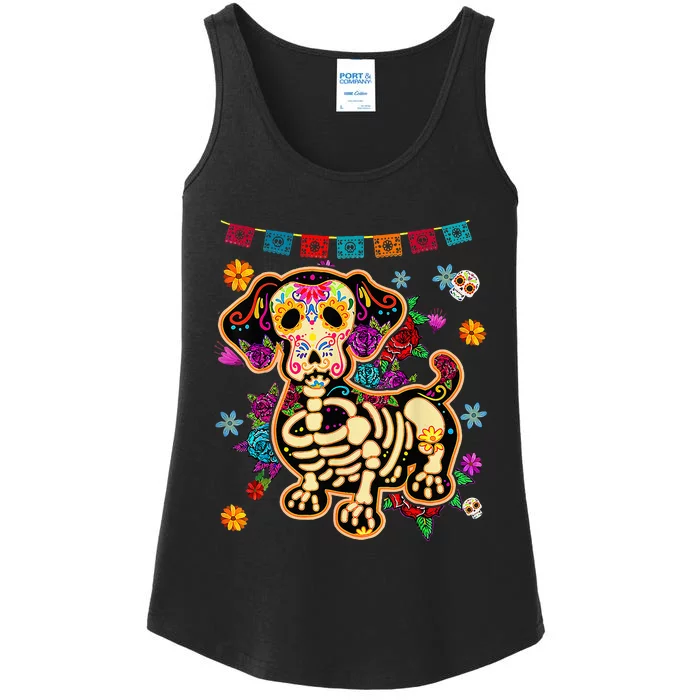 Day of the Dead Sugar Skull Dachshund Dog Halloween Bone Ladies Essential Tank