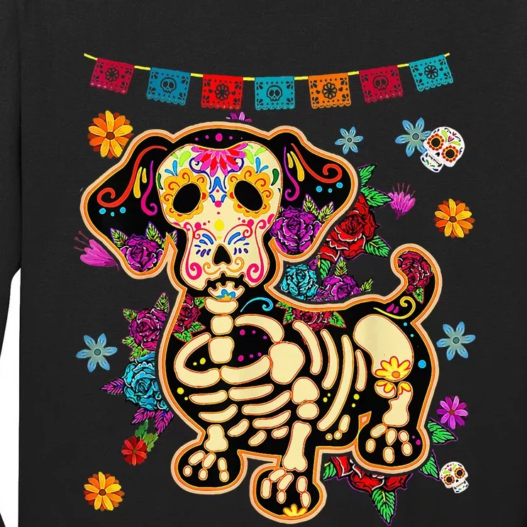 Day of the Dead Sugar Skull Dachshund Dog Halloween Bone Tall Long Sleeve T-Shirt