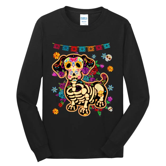 Day of the Dead Sugar Skull Dachshund Dog Halloween Bone Tall Long Sleeve T-Shirt