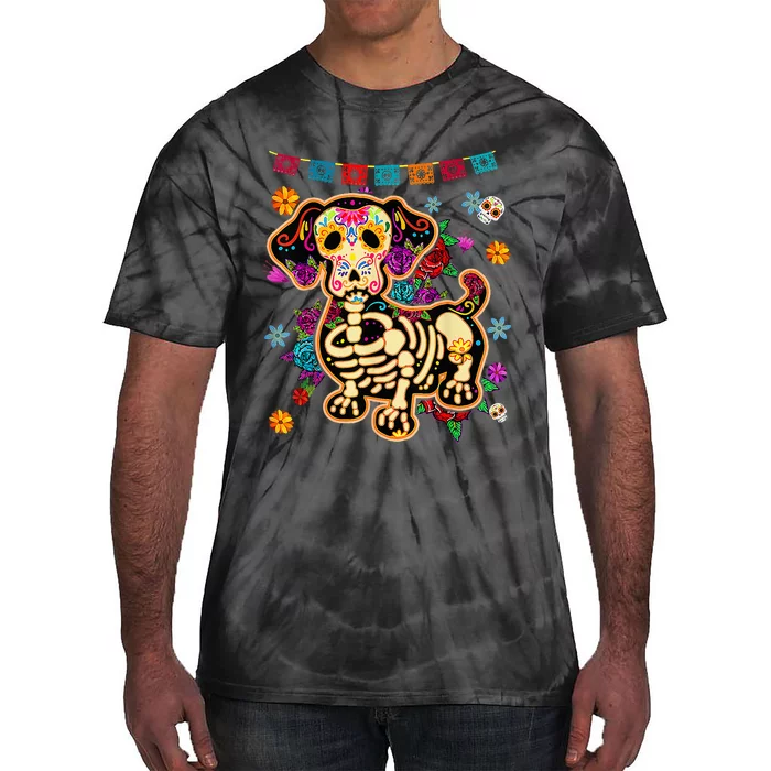 Day of the Dead Sugar Skull Dachshund Dog Halloween Bone Tie-Dye T-Shirt