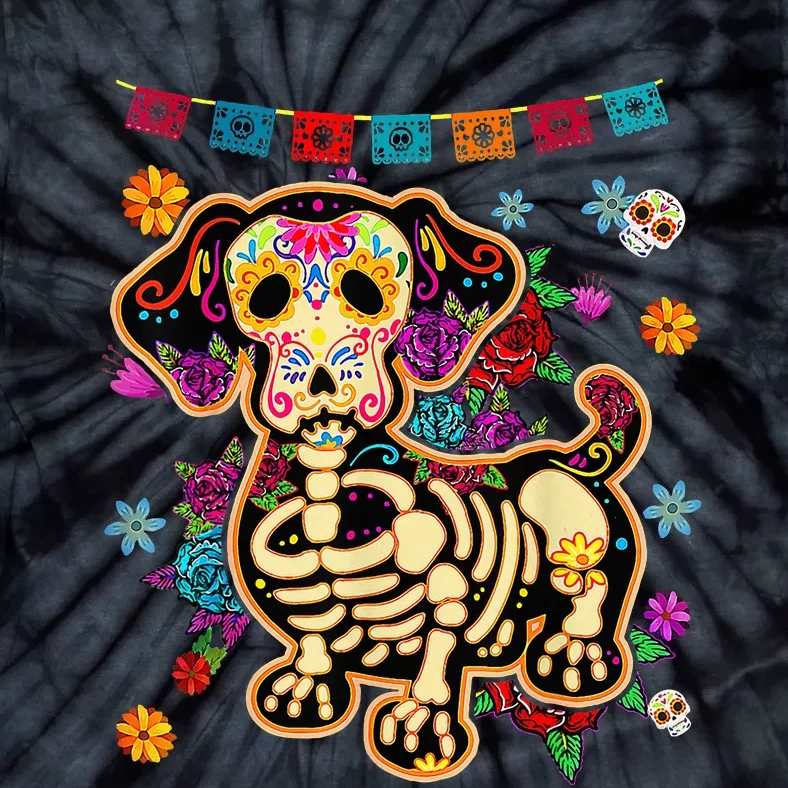 Day of the Dead Sugar Skull Dachshund Dog Halloween Bone Tie-Dye T-Shirt