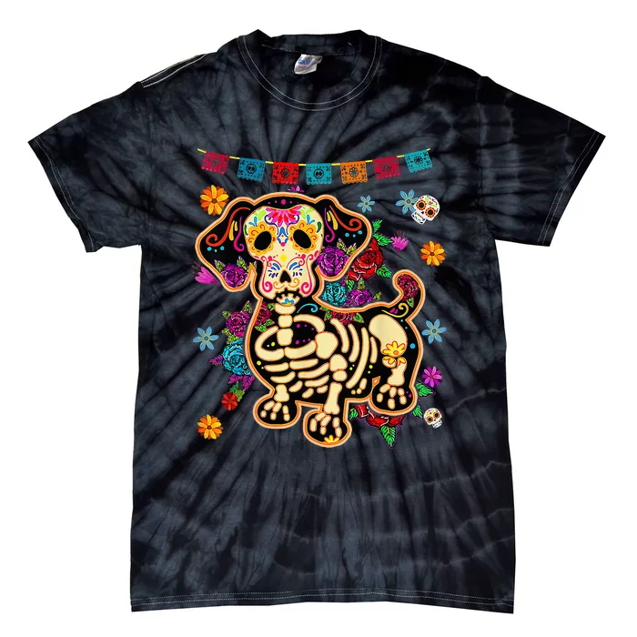 Day of the Dead Sugar Skull Dachshund Dog Halloween Bone Tie-Dye T-Shirt