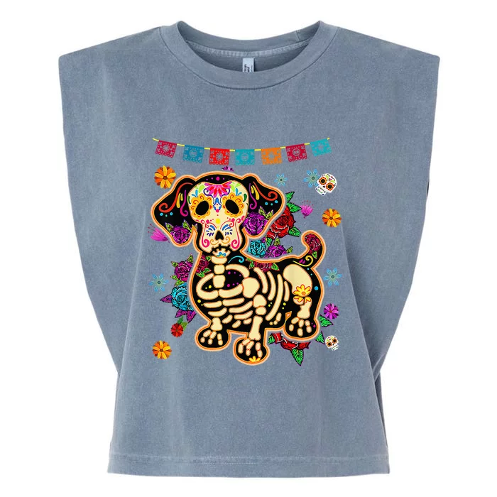 Day of the Dead Sugar Skull Dachshund Dog Halloween Bone Garment-Dyed Women's Muscle Tee