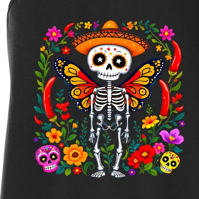 Day Of The Dead Sugar Skull Skeleton Monarch Butterfly Women's Racerback Tank