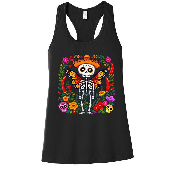 Day Of The Dead Sugar Skull Skeleton Monarch Butterfly Women's Racerback Tank