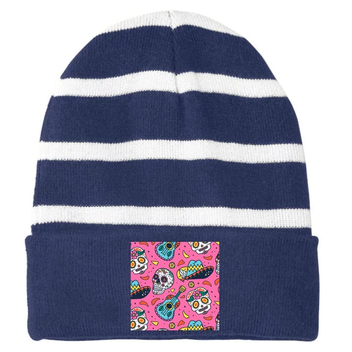 Day Of The Dead Guitar Striped Beanie with Solid Band