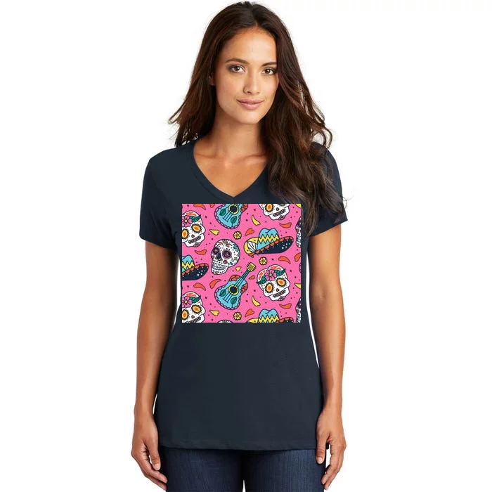 Day Of The Dead Guitar Women's V-Neck T-Shirt