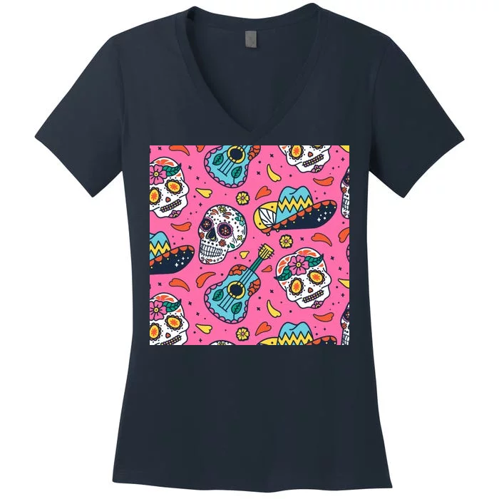 Day Of The Dead Guitar Women's V-Neck T-Shirt