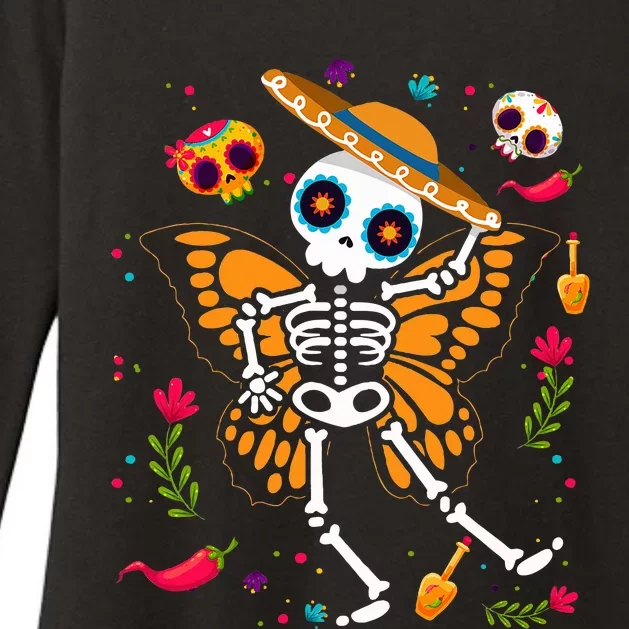 Day of the Dead Sugar Skull Skeleton Monarch Butterfly Womens CVC Long Sleeve Shirt