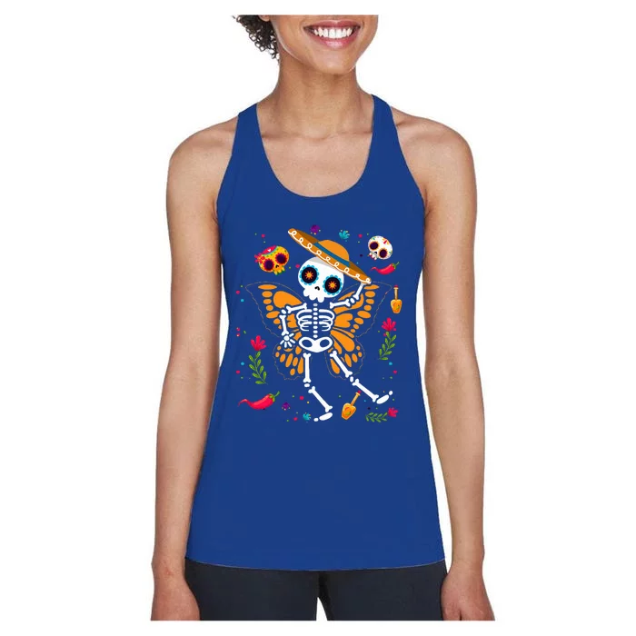 Day of the Dead Sugar Skull Skeleton Monarch Butterfly Women's Racerback Tank