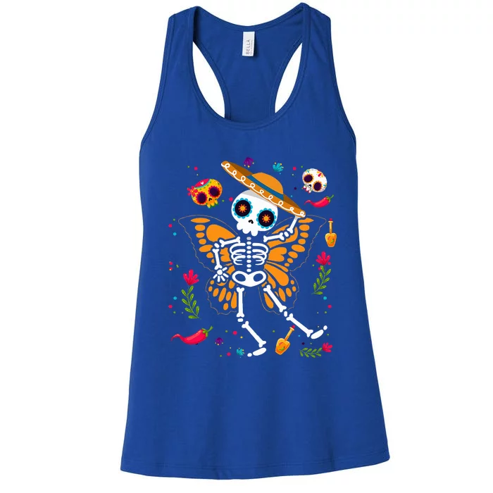 Day of the Dead Sugar Skull Skeleton Monarch Butterfly Women's Racerback Tank