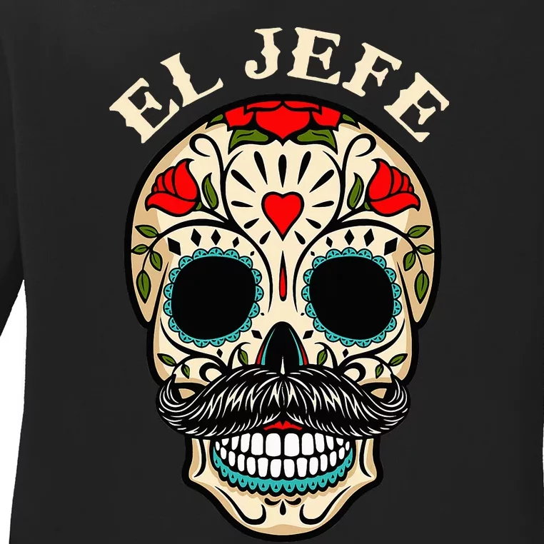 Day Of The Dead Mexico El Jefe Boss Sugar Skull Halloween Ladies Long Sleeve Shirt