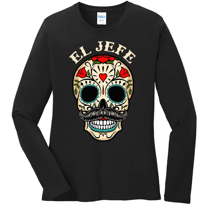 Day Of The Dead Mexico El Jefe Boss Sugar Skull Halloween Ladies Long Sleeve Shirt