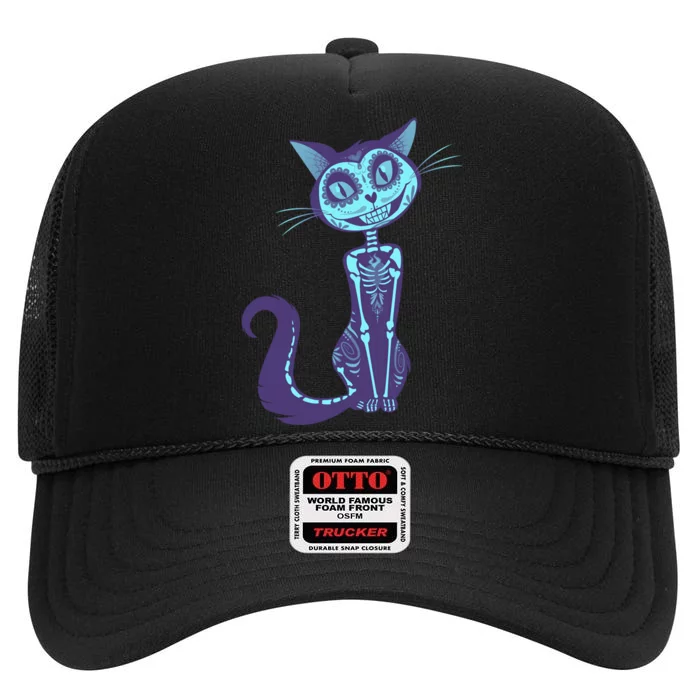 Day Of The Dead Dia De Los Muertos Cat High Crown Mesh Trucker Hat