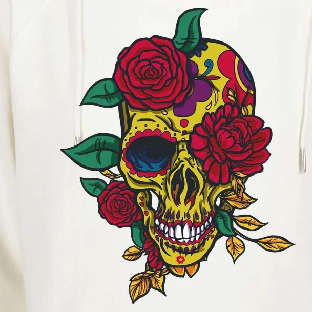 Day Of The Dead Rose Skull Womens Funnel Neck Pullover Hood