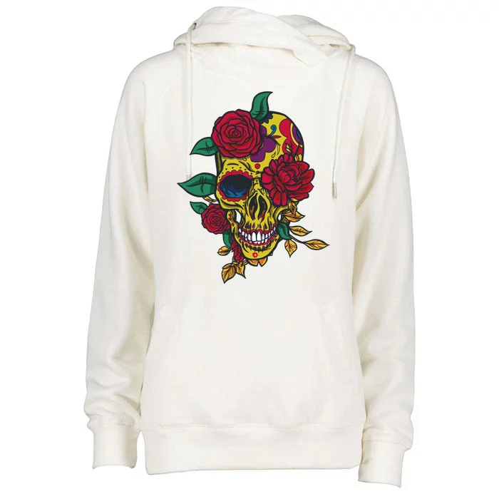 Day Of The Dead Rose Skull Womens Funnel Neck Pullover Hood