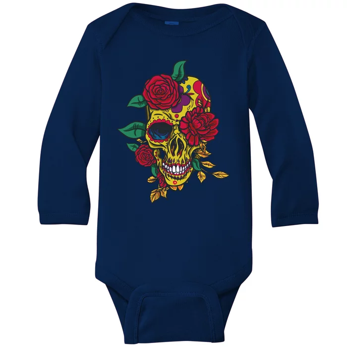 Day Of The Dead Rose Skull Baby Long Sleeve Bodysuit