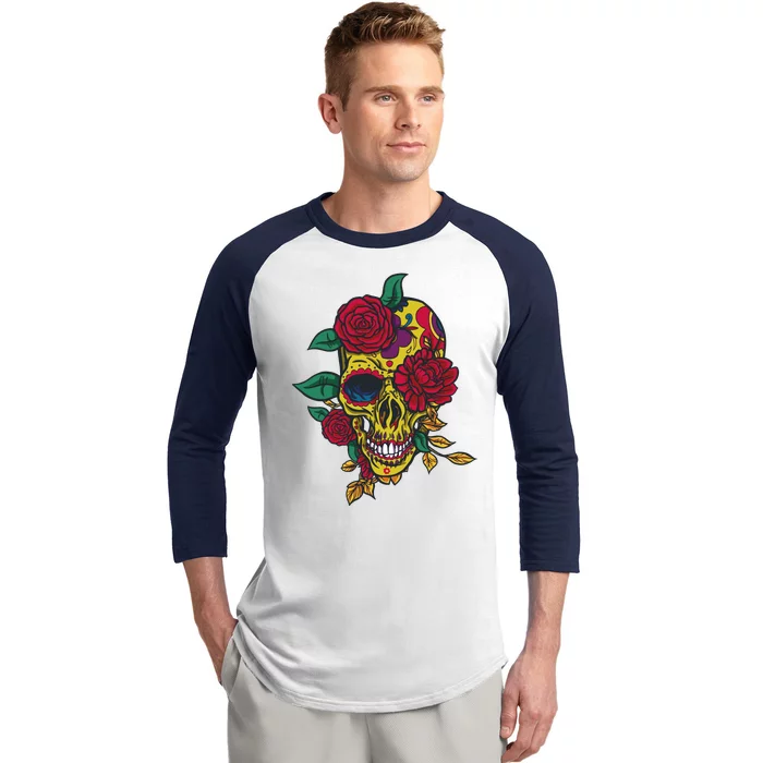 Day Of The Dead Rose Skull Baseball Sleeve Shirt