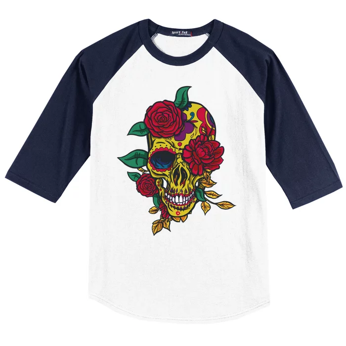 Day Of The Dead Rose Skull Baseball Sleeve Shirt