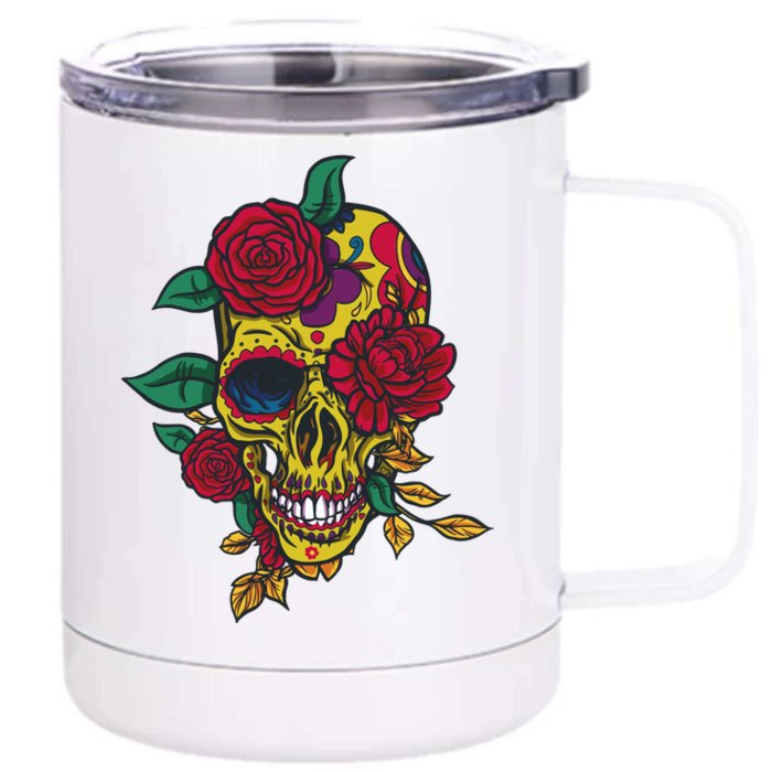 Day Of The Dead Rose Skull Front & Back 12oz Stainless Steel Tumbler Cup