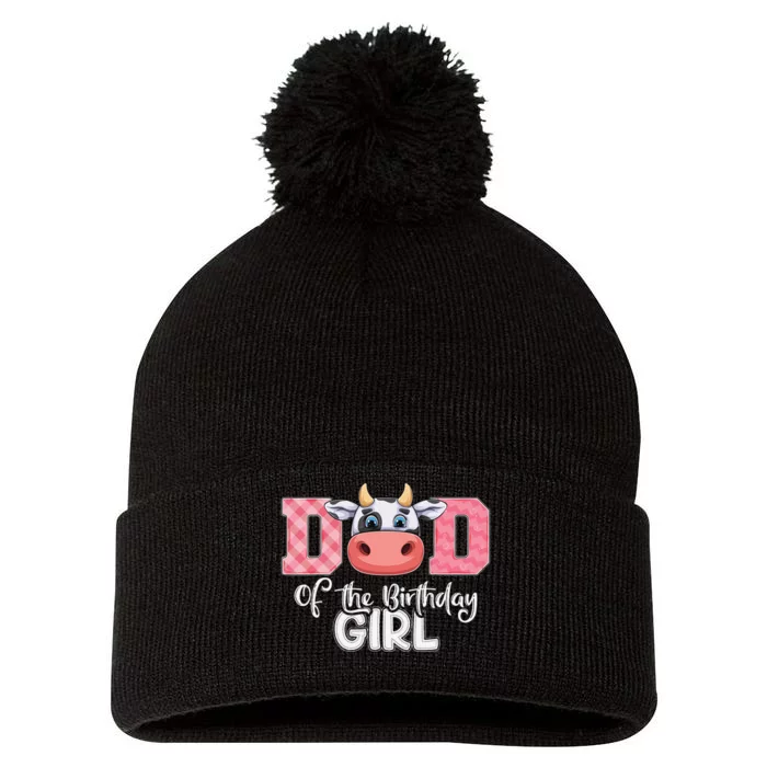 Dad of The Birthday Cow Family Cow Farm Matching Pom Pom 12in Knit Beanie