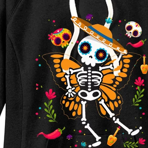 Day of the Dead Sugar Skull Skeleton Monarch Butterfly Women's Fleece Hoodie