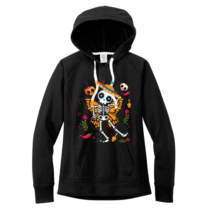 Day of the Dead Sugar Skull Skeleton Monarch Butterfly Women's Fleece Hoodie