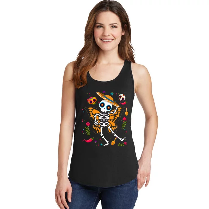 Day of the Dead Sugar Skull Skeleton Monarch Butterfly Ladies Essential Tank