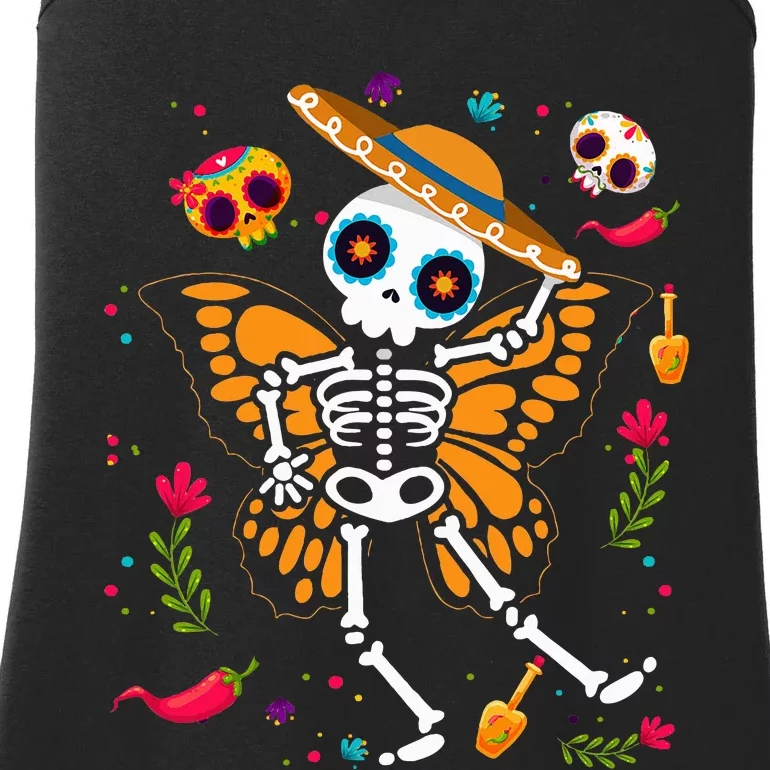 Day of the Dead Sugar Skull Skeleton Monarch Butterfly Ladies Essential Tank