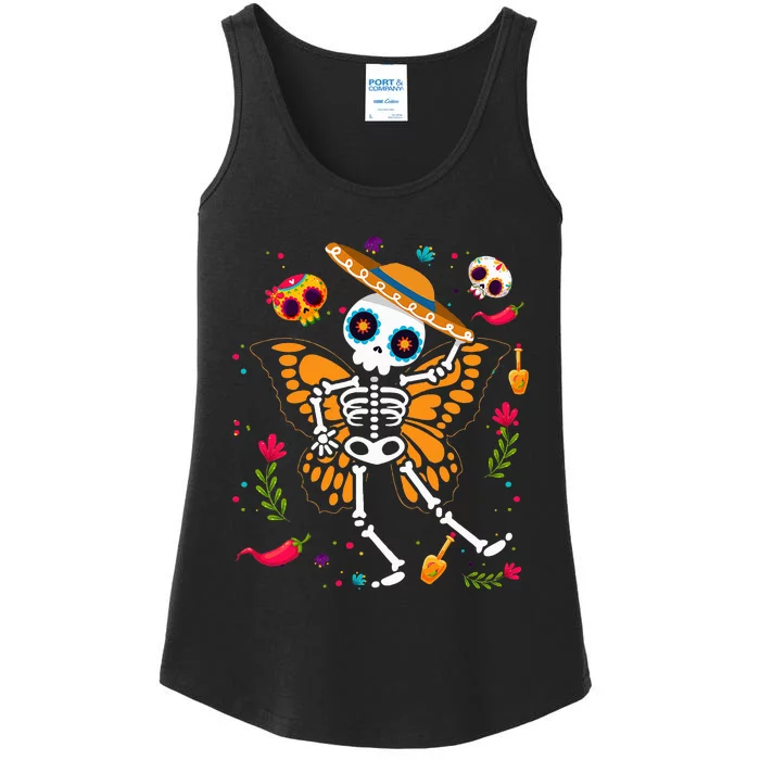 Day of the Dead Sugar Skull Skeleton Monarch Butterfly Ladies Essential Tank