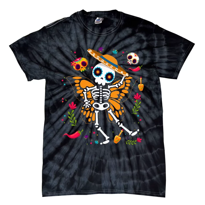 Day of the Dead Sugar Skull Skeleton Monarch Butterfly Tie-Dye T-Shirt