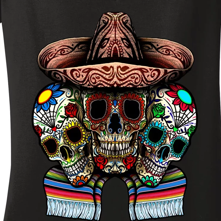 Day Of The Dead Tri Sugar Skulls Women's V-Neck T-Shirt