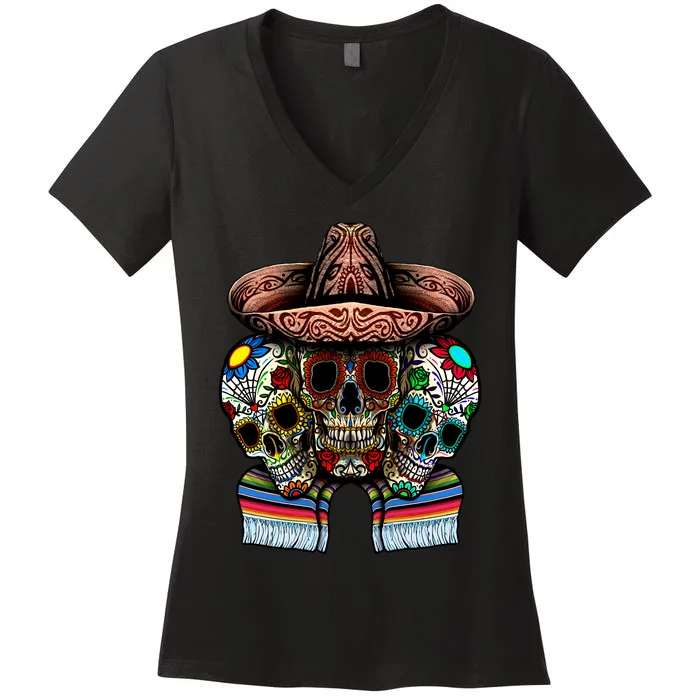 Day Of The Dead Tri Sugar Skulls Women's V-Neck T-Shirt