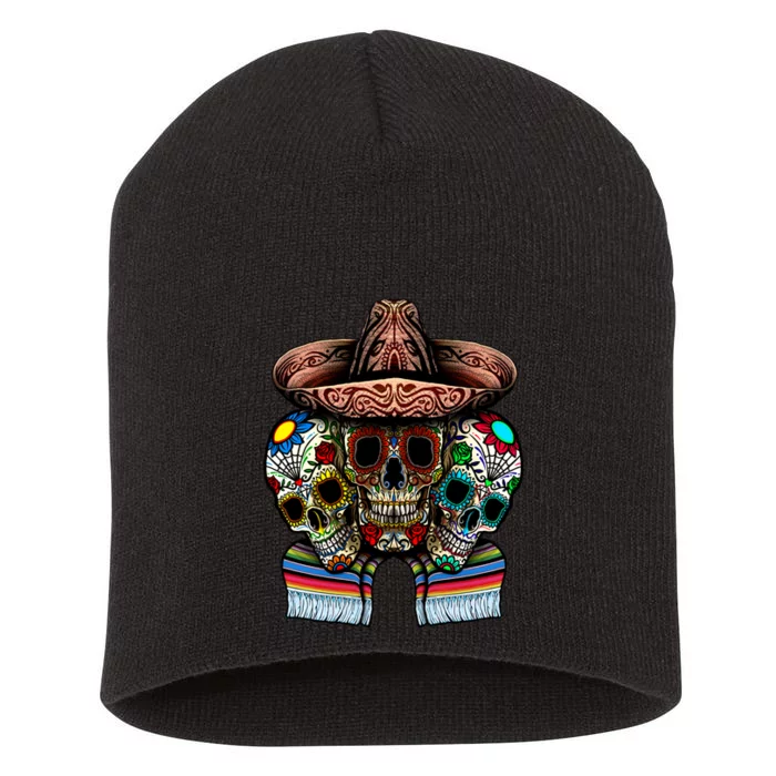 Day Of The Dead Tri Sugar Skulls Short Acrylic Beanie