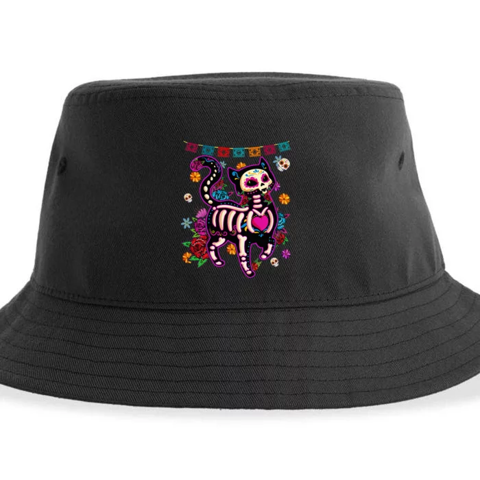 Day of the Dead Sugar Skull Cat Halloween Decoration Sustainable Bucket Hat