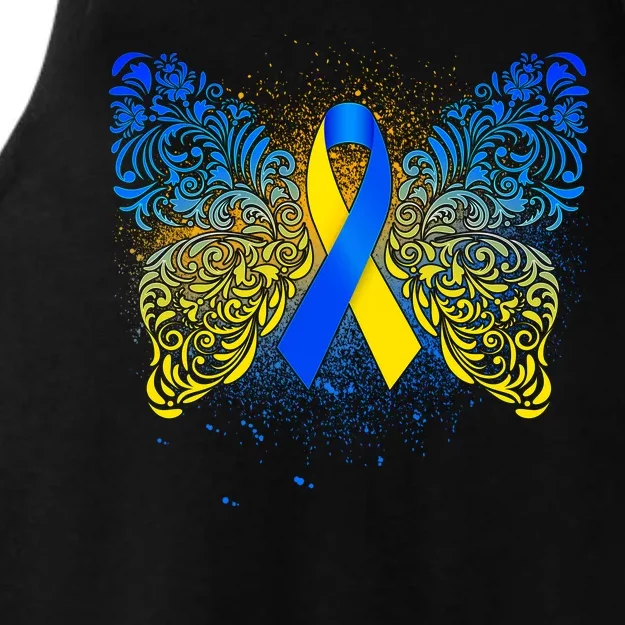 Down Syndrome Awareness Butterfly Ribbon Ladies Tri-Blend Wicking Tank