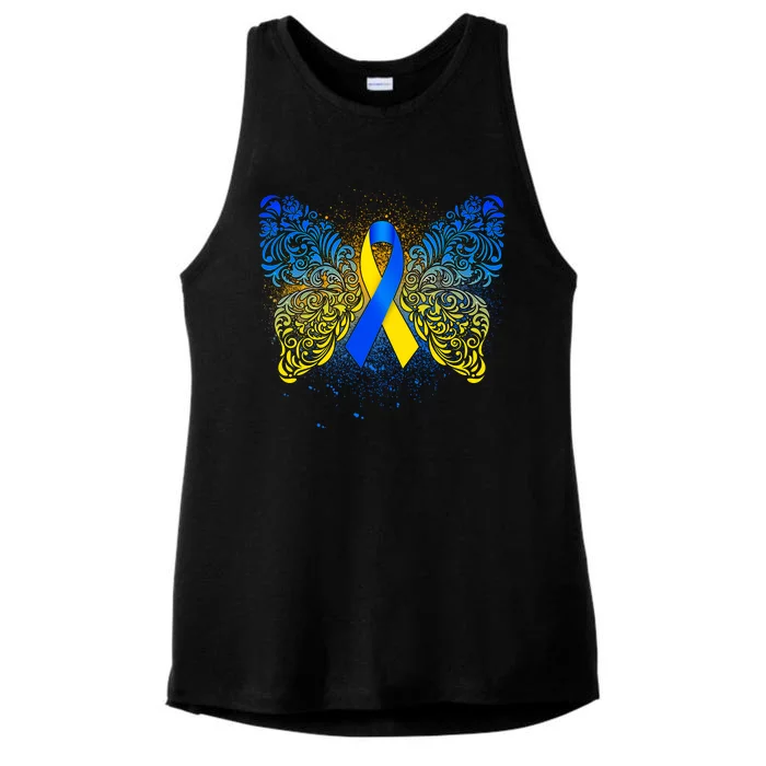 Down Syndrome Awareness Butterfly Ribbon Ladies Tri-Blend Wicking Tank