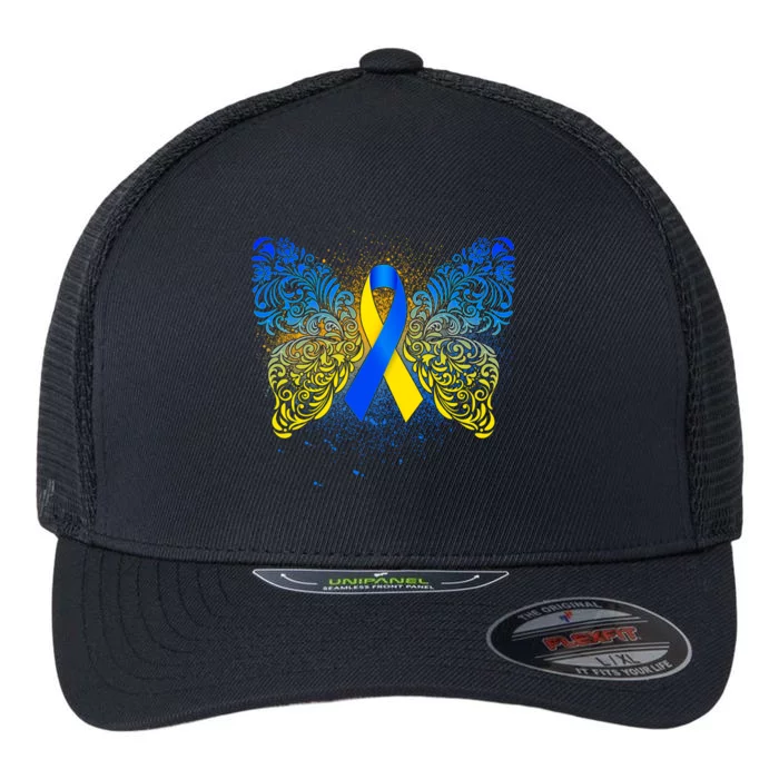 Down Syndrome Awareness Butterfly Ribbon Flexfit Unipanel Trucker Cap