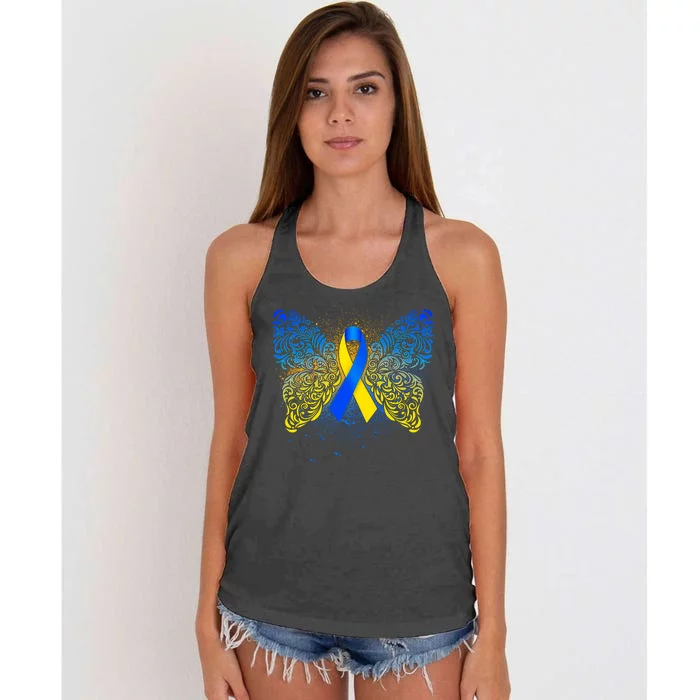 Down Syndrome Awareness Butterfly Ribbon Women's Knotted Racerback Tank