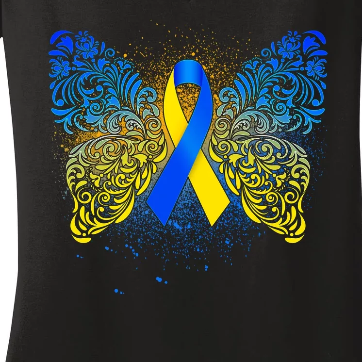 Down Syndrome Awareness Butterfly Ribbon Women's V-Neck T-Shirt