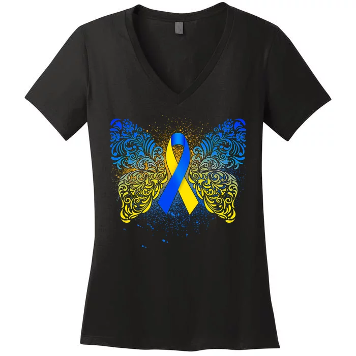 Down Syndrome Awareness Butterfly Ribbon Women's V-Neck T-Shirt