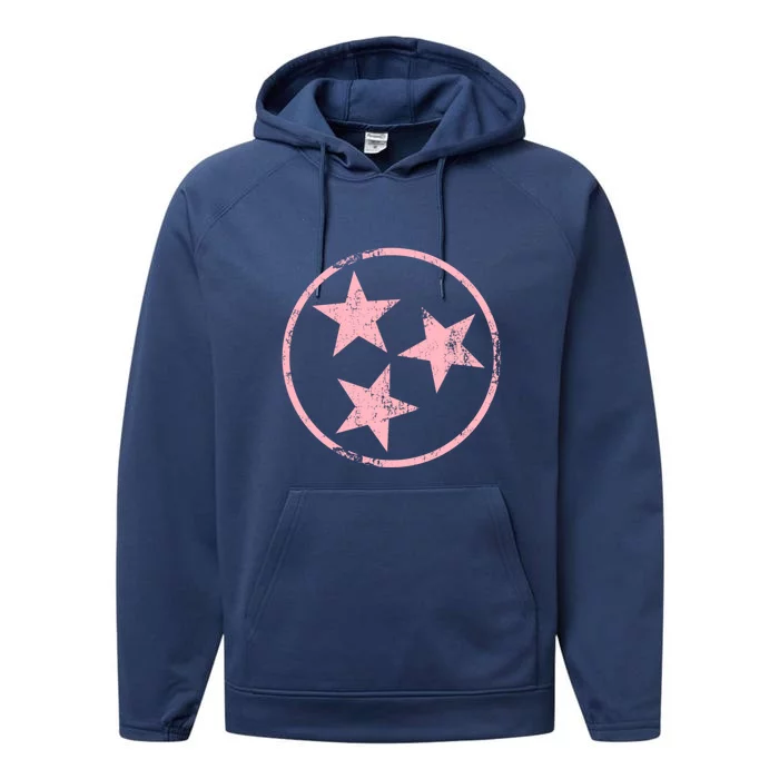 Distressed Pink 3 Star TN Flag Fun Pink Tennessee State Flag Performance Fleece Hoodie