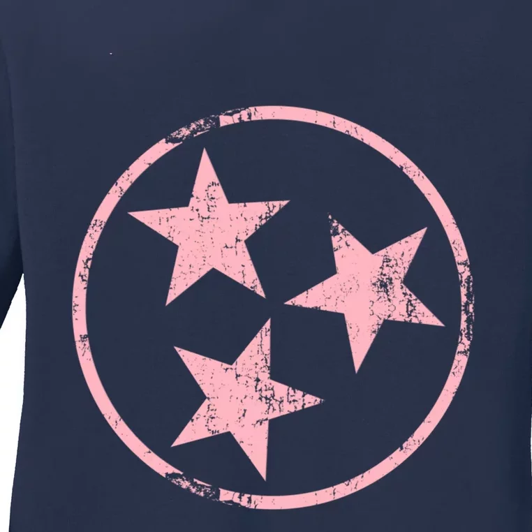 Distressed Pink 3 Star TN Flag Fun Pink Tennessee State Flag Ladies Long Sleeve Shirt