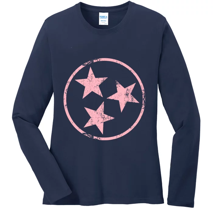 Distressed Pink 3 Star TN Flag Fun Pink Tennessee State Flag Ladies Long Sleeve Shirt