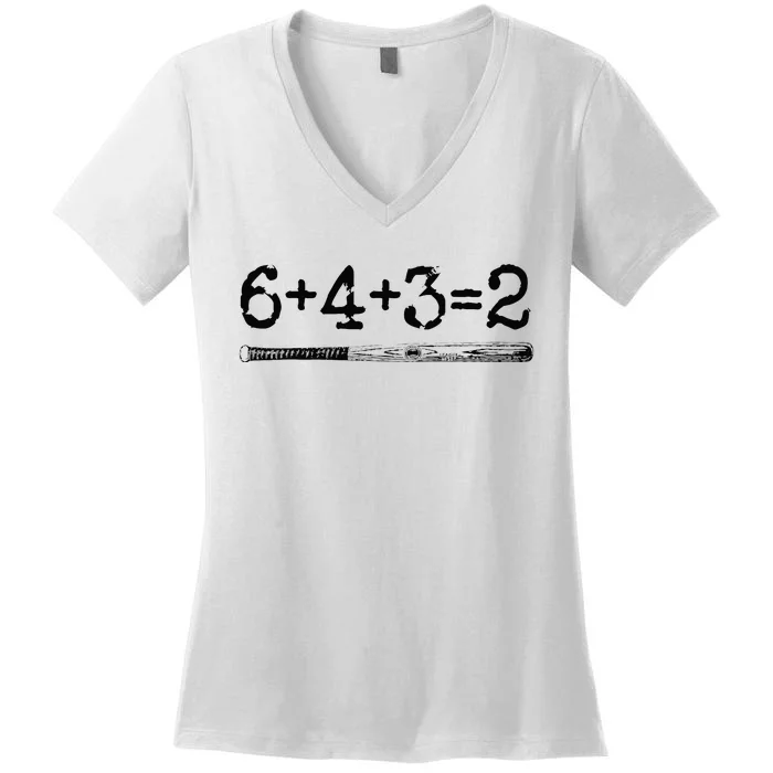 Double Play 6 4 3 2 Vintage Baseball Math Softball Player Women's V-Neck T-Shirt