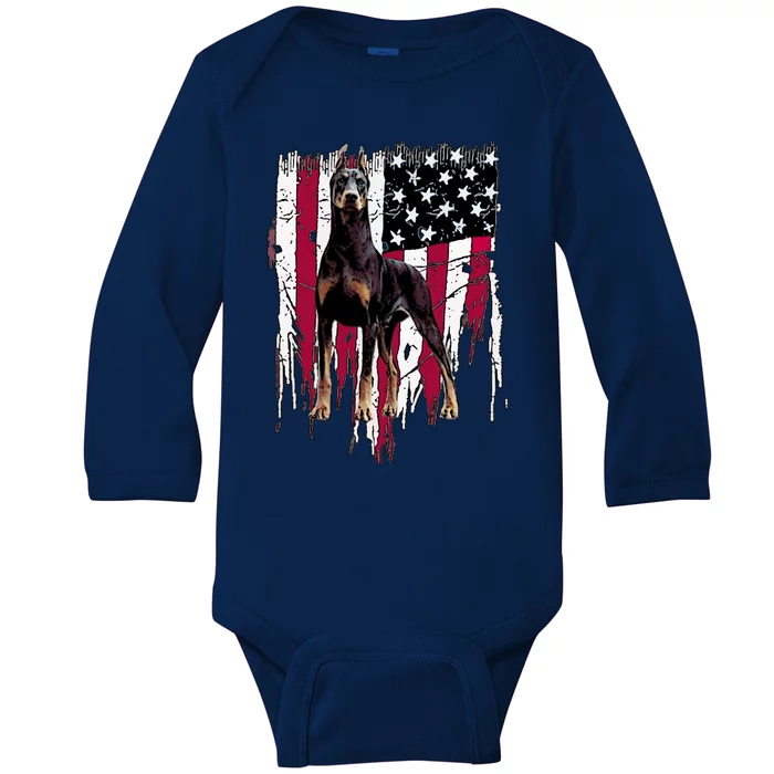 Dober Pinscher American Flag Usa Awesome Gift Baby Long Sleeve Bodysuit