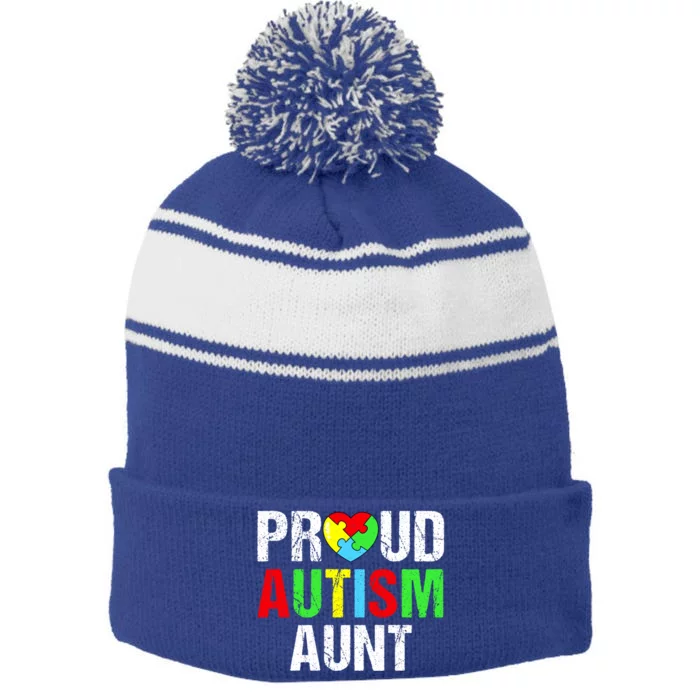 Distressed Proud Autism Aunt Heart Family Matching Great Gift Stripe Pom Pom Beanie