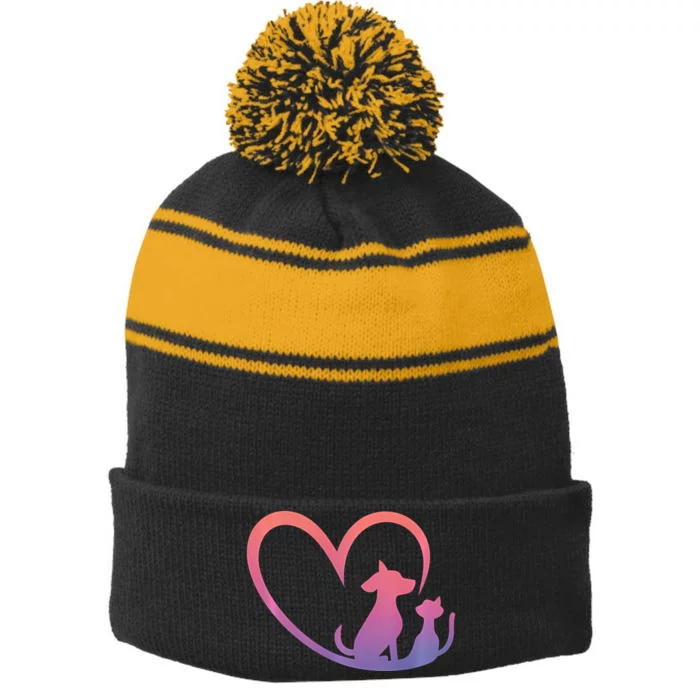 Dog Puppy And Baby Cat Heart Animal Dog & Cat Heart Stripe Pom Pom Beanie