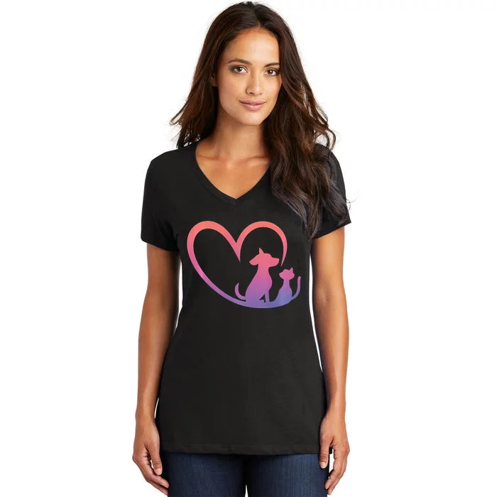 Dog Puppy And Baby Cat Heart Animal Dog & Cat Heart Women's V-Neck T-Shirt