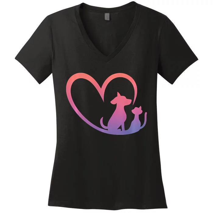 Dog Puppy And Baby Cat Heart Animal Dog & Cat Heart Women's V-Neck T-Shirt